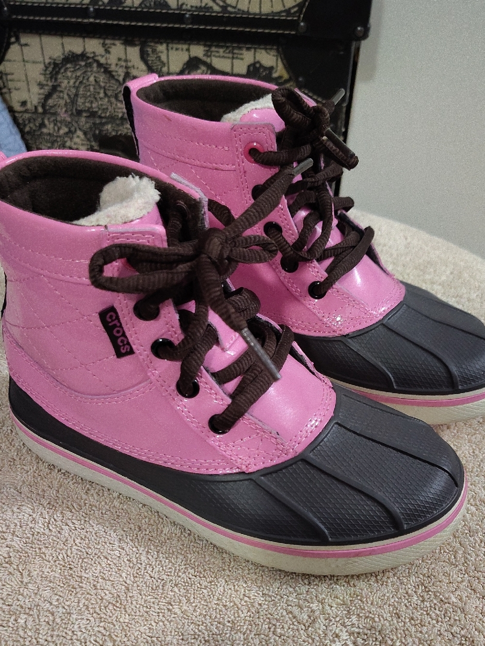 Crocs Kids Pink & Black Winter Duck Boots Size 2 $ 45